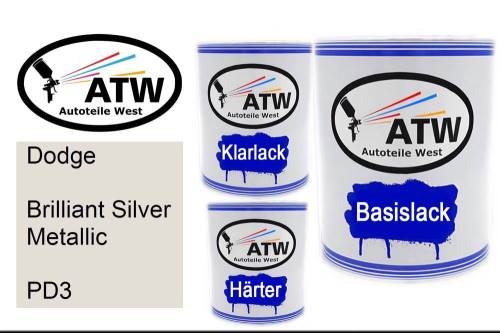 Dodge, Brilliant Silver Metallic, PD3: 1L Lackdose + 1L Klarlack + 500ml Härter - Set, von ATW Autoteile West.